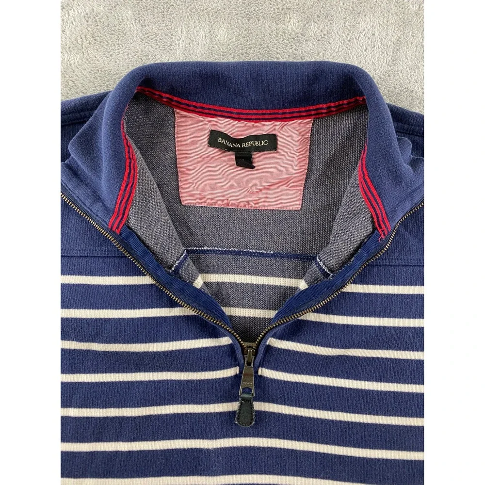 Banana Republic Mens Navy Blue White Striped Quarter Zip Pullover Sweater Large